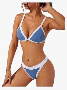 🚘 NWOT Blue Contrast-Trim Ribbed Triangle Bikini Set Brazilian sexy size small